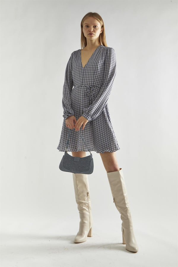 glamorous Light-Blue Check V-Neck Mini-Dress