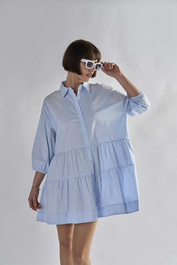 Glamorous Light-Blue Collared-Skater-Mini-Dress