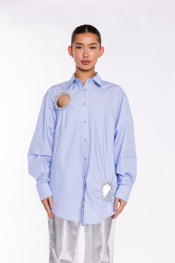Glamorous Light-Blue Rhinestone Cut-Out -Shirt