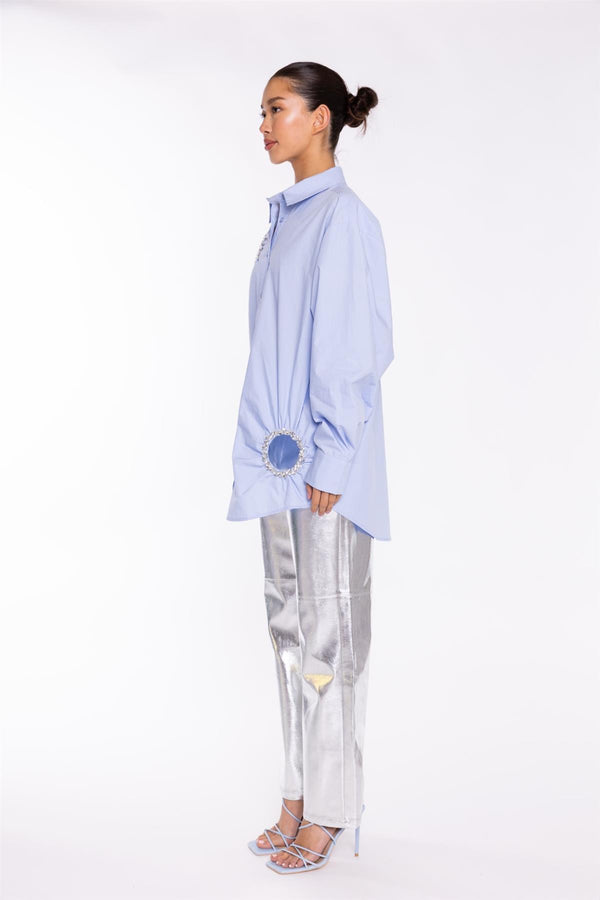 Glamorous Light-Blue Rhinestone Cut-Out -Shirt