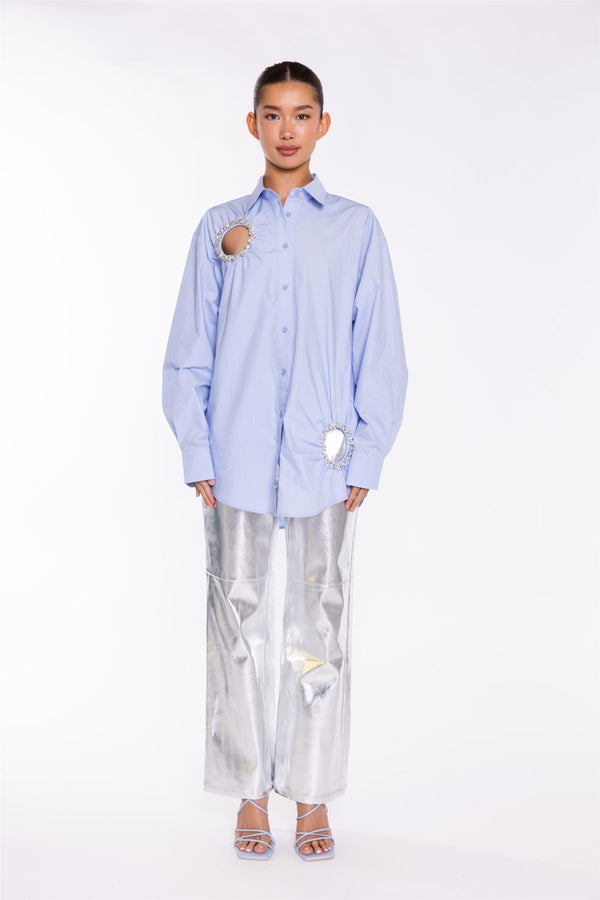 glamorous Light-Blue Rhinestone Cut-Out -Shirt