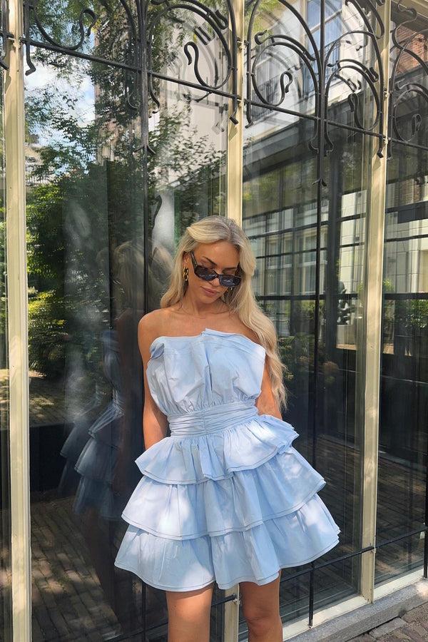 glamorous Light Blue Tiered Pleated Mini-Dress