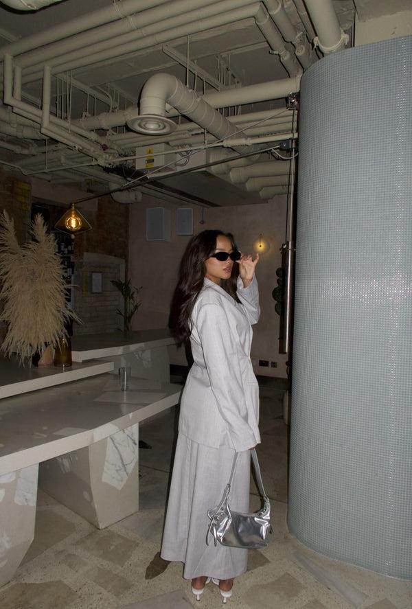 Glamorous Light-Grey-Pinstripe Oversized-Blazer