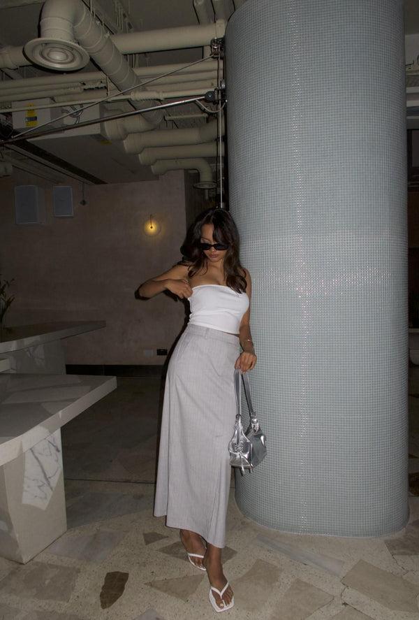 glamorous Light-Grey-Pinstripe Pencil Maxi Skirts