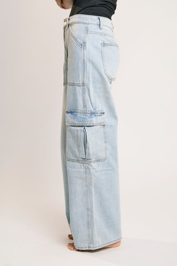 Glamorous Light Stonewash Cargo Wide-Leg-Jeans