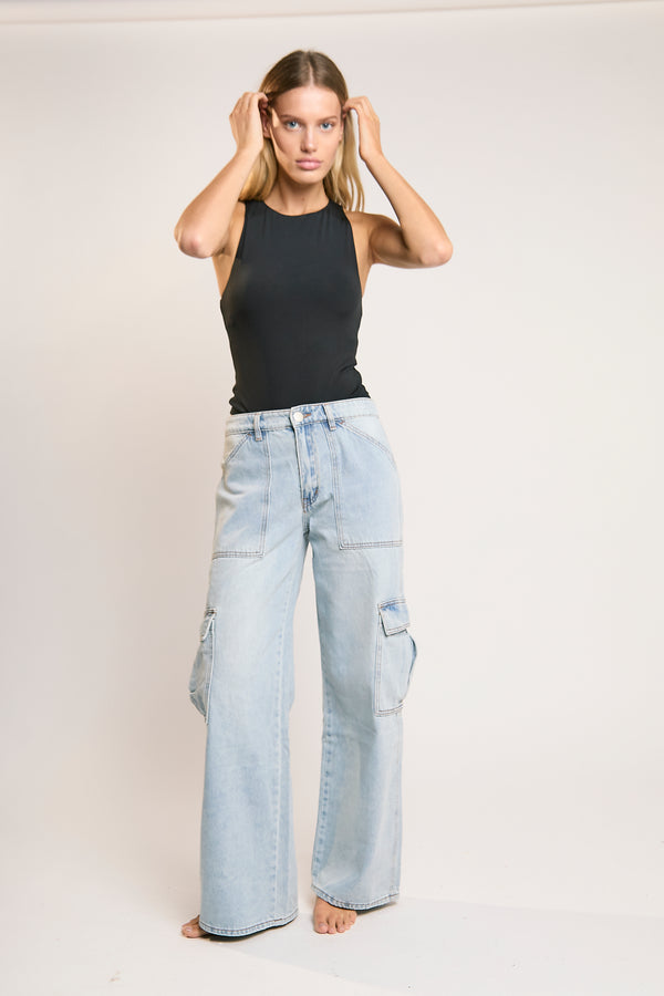 glamorous Light Stonewash Cargo Wide-Leg-Jeans