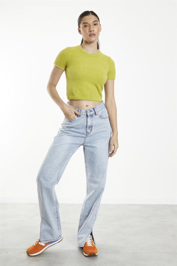 Glamorous Light Vintage Wash Split-Hem Mom-Jeans