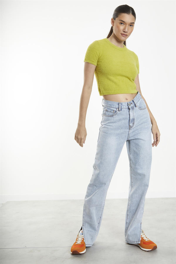 glamorous Light Vintage Wash Split-Hem Mom-Jeans