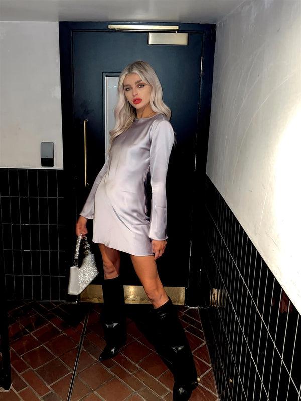 glamorous Lilac-Ash Satin Flared-Sleeve Mini-Dress