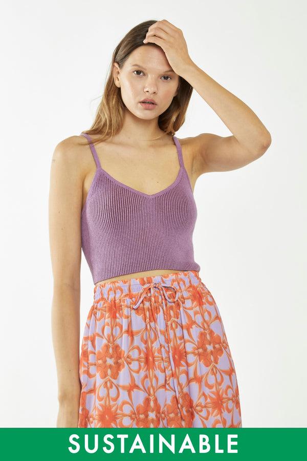 glamorous Lilac-Brown Rib Knit Crop Top