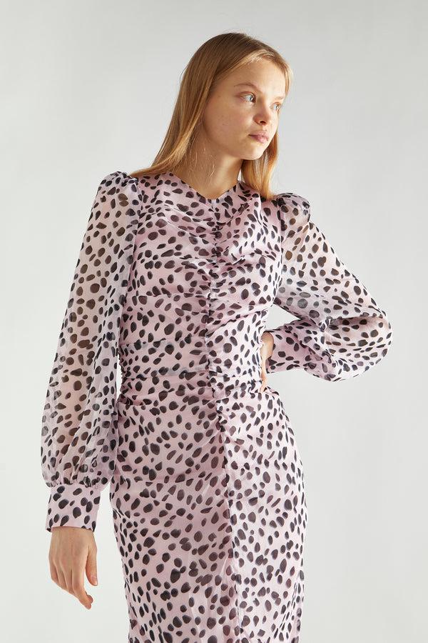 Glamorous Lilac-Dalmatian Ruched-Front Midi-Dress