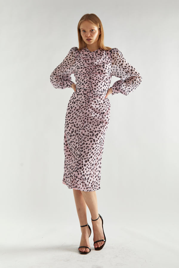 glamorous Lilac-Dalmatian Ruched-Front Midi-Dress