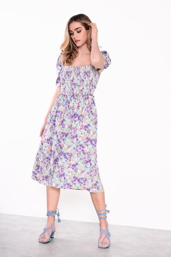 Glamorous Glamorous Lilac Garden Floral Square Neck Short Sleeve Midi Dress