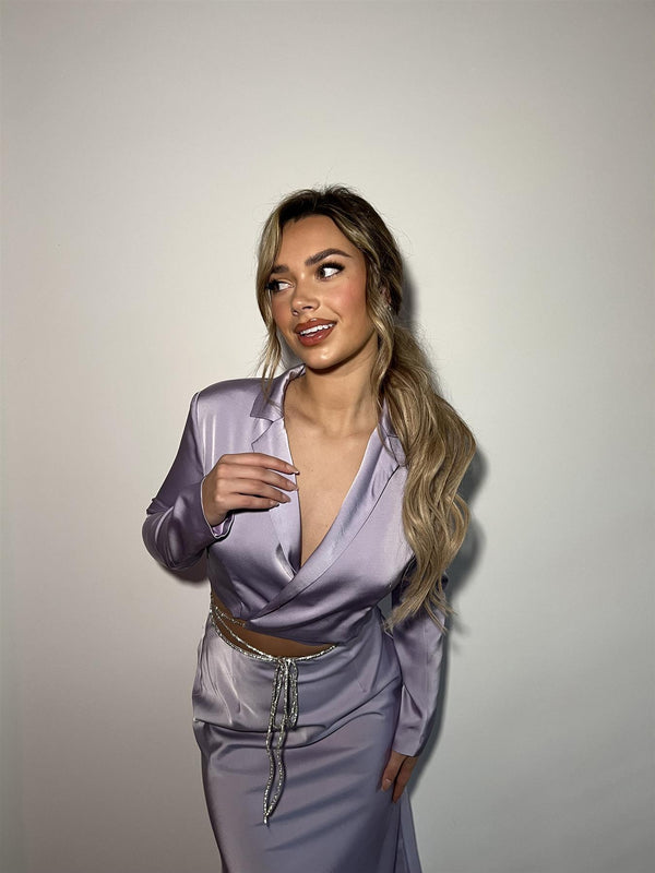 Glamorous Lilac-Satin Diamante Trim Wrap Crop-Top