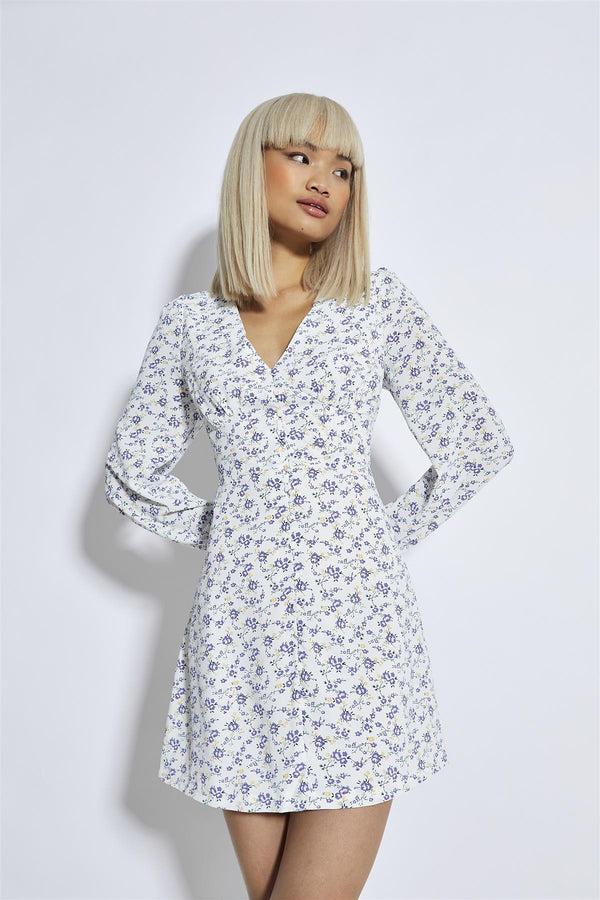 glamorous Lilac-Yellow Ditsy V-Neck Mini-Dress