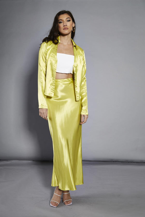 glamorous Lime-Satin Collared Long-Sleeve Jacket