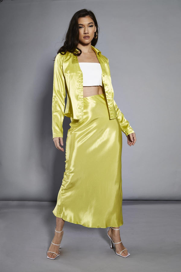 glamorous Lime Satin Flare Midi-Skirt