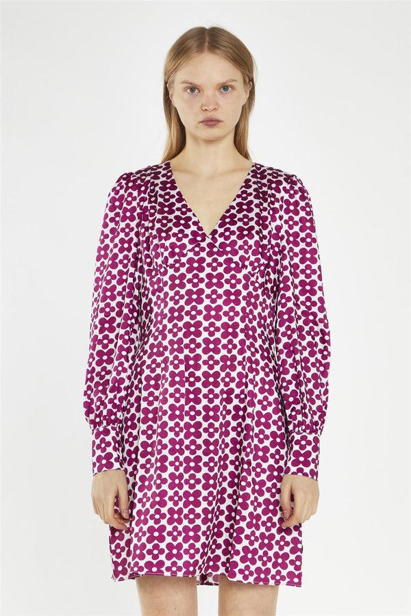 Glamorous Magenta-Flower V-Neck Mini-Dress