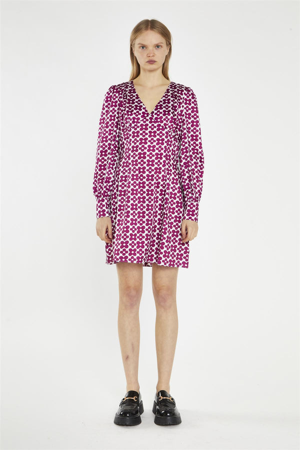 glamorous Magenta-Flower V-Neck Mini-Dress
