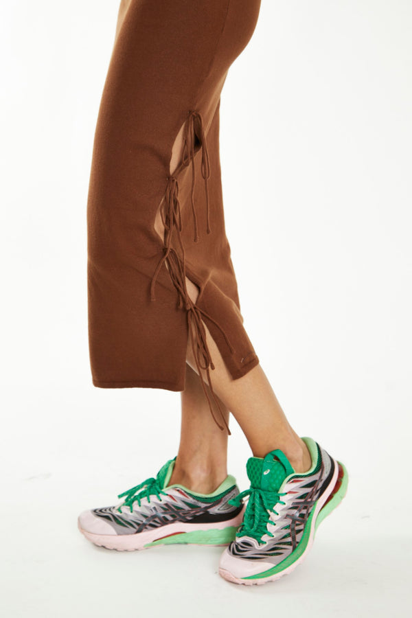 Glamorous Mahogany-Brown Side Tie Knit Midi-Skirt