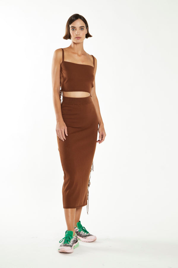 Glamorous Mahogany-Brown Side Tie Knitted Crop-Top