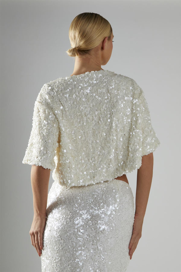 Glamorous Matt-White-Sequin Boxy Crop-Top