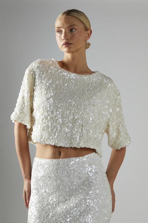 Glamorous Matt-White-Sequin Boxy Crop-Top