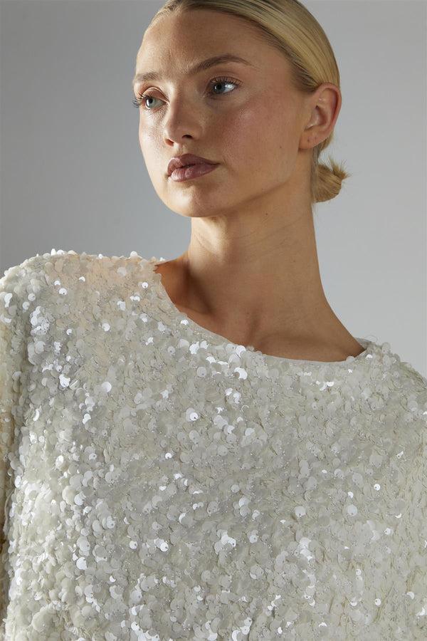 Glamorous Matt-White-Sequin Boxy Crop-Top