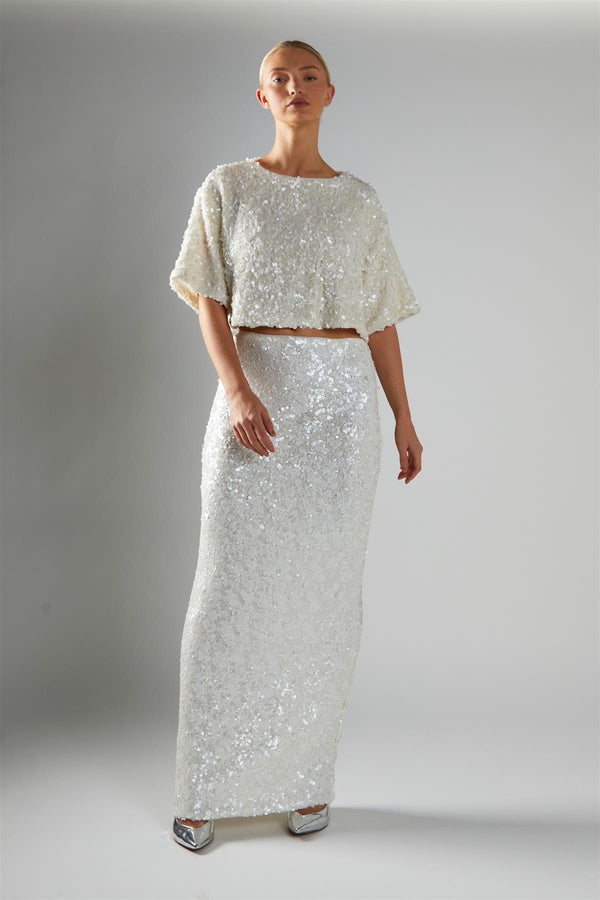 glamorous Matt-White-Sequin Boxy Crop-Top