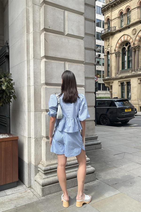 Glamorous Mixed Blue Stripe Tie-Front Top