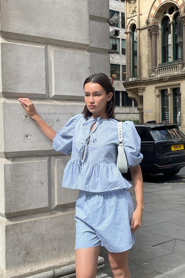 Glamorous Mixed Blue Stripe Tie-Front Top