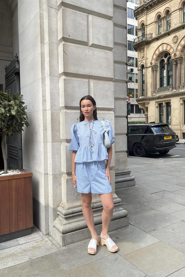 glamorous Mixed Blue Stripe Tie-Front Top
