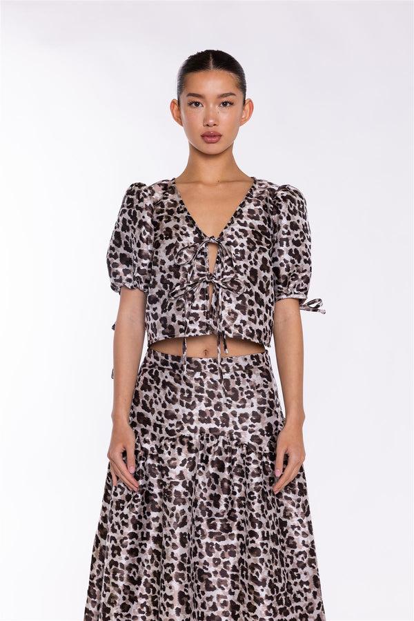 Glamorous Mocha-Leopard Tie-Front Crop-Top