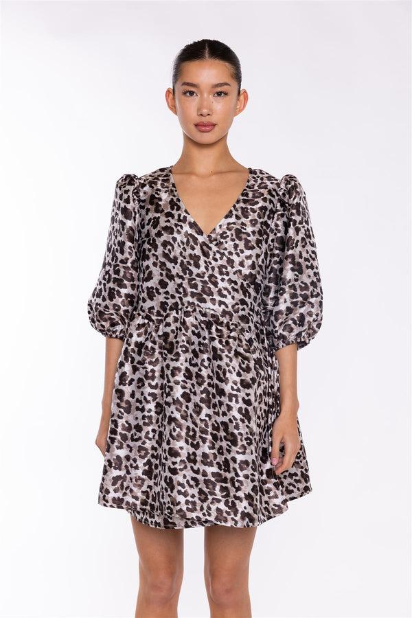 Glamorous Mocha-Leopard Wrap Babydoll Mini-Dress