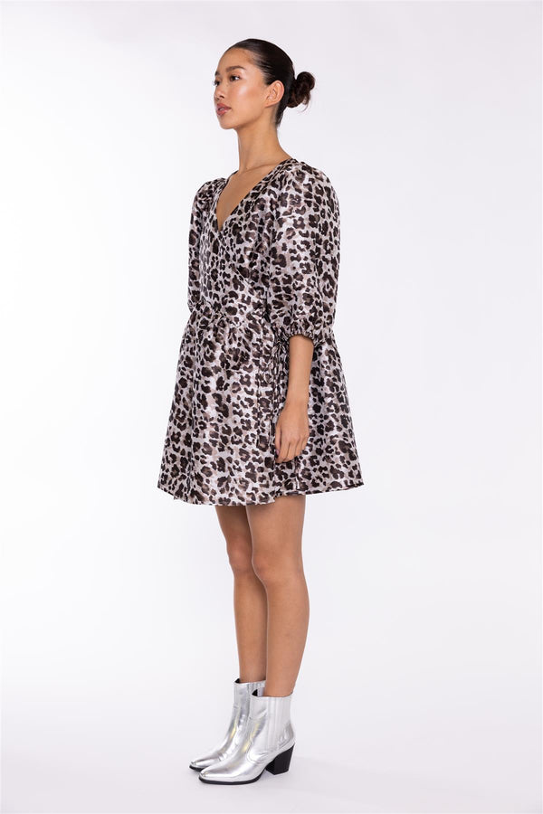 Glamorous Mocha-Leopard Wrap Babydoll Mini-Dress