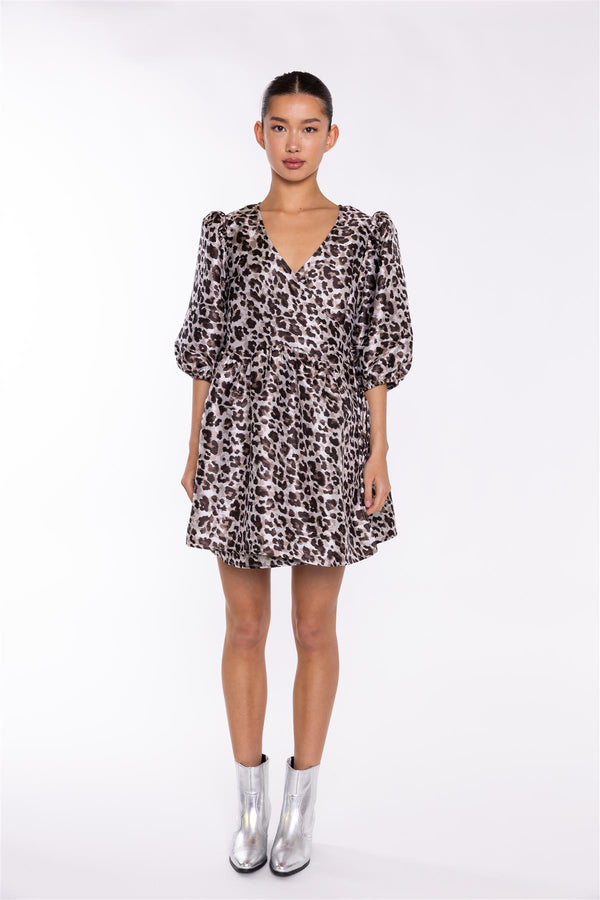 glamorous Mocha-Leopard Wrap Babydoll Mini-Dress