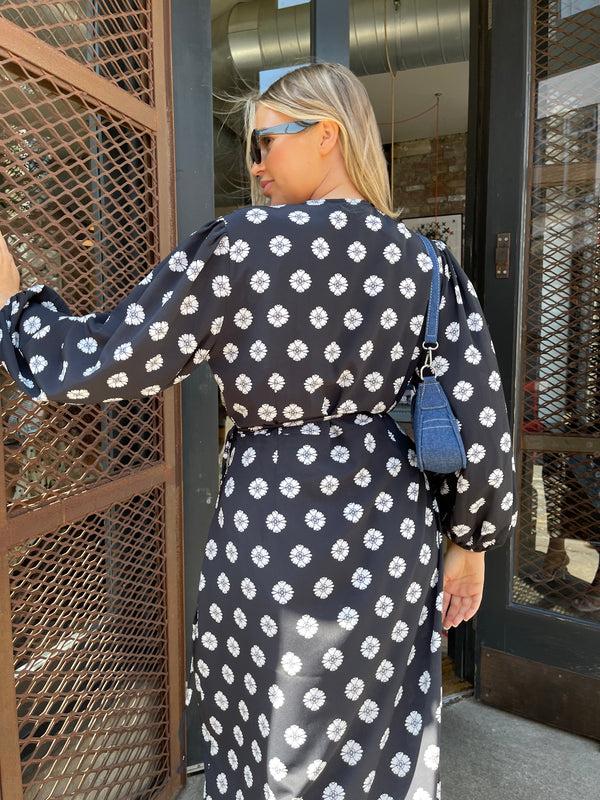 Glamorous Mono-Daisy Long Sleeve Wrap Midi-dress