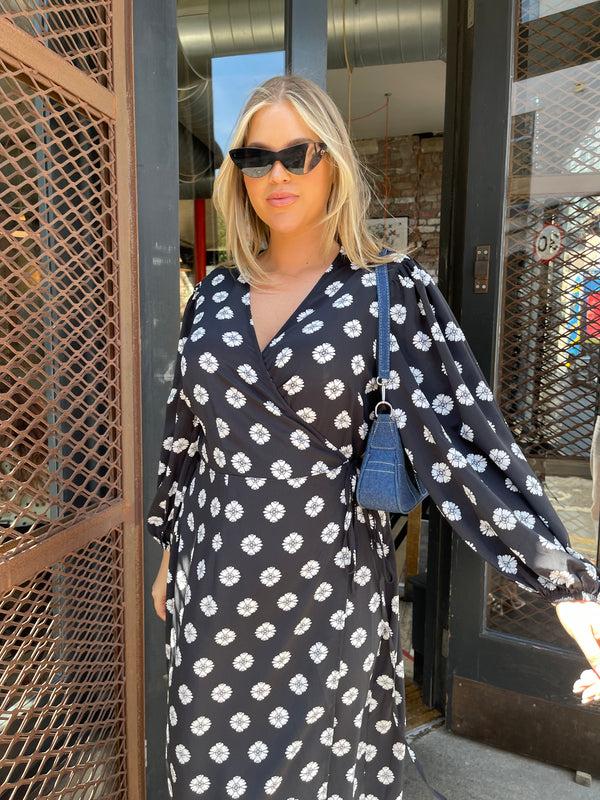Glamorous Mono-Daisy Long Sleeve Wrap Midi-dress