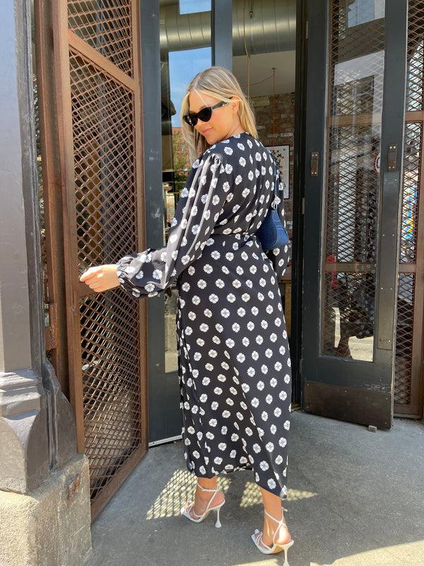 Glamorous Mono-Daisy Long Sleeve Wrap Midi-dress
