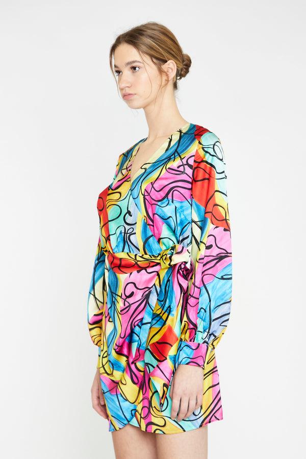 Glamorous Multi-Abstract Scribble Wrap Mini-Dress