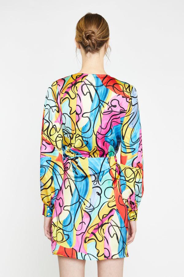 Glamorous Multi-Abstract Scribble Wrap Mini-Dress