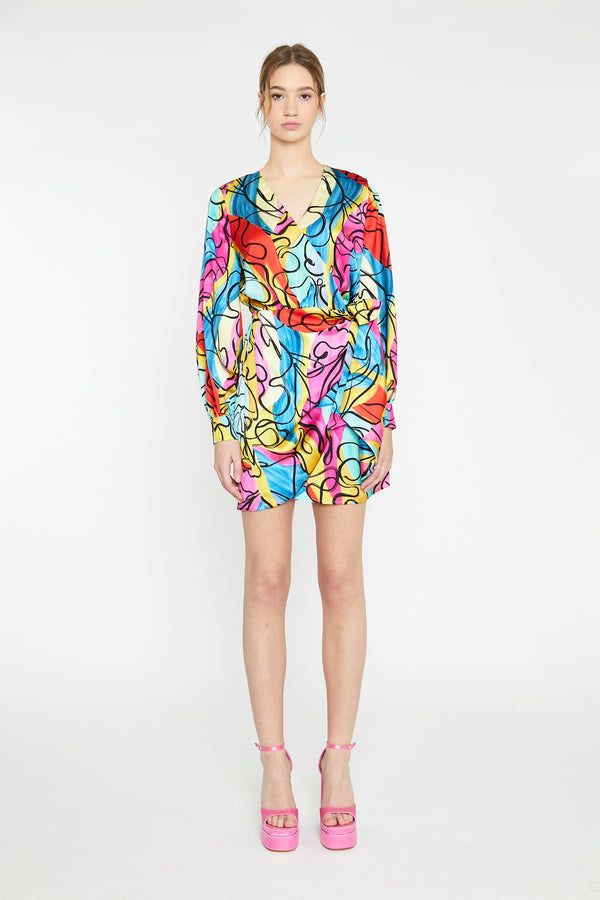 glamorous Multi-Abstract Scribble Wrap Mini-Dress