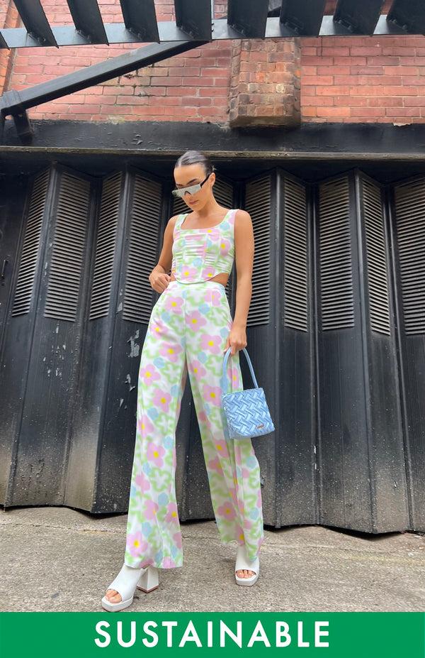 glamorous Multi-Blurred-Floral Wide Leg Trousers