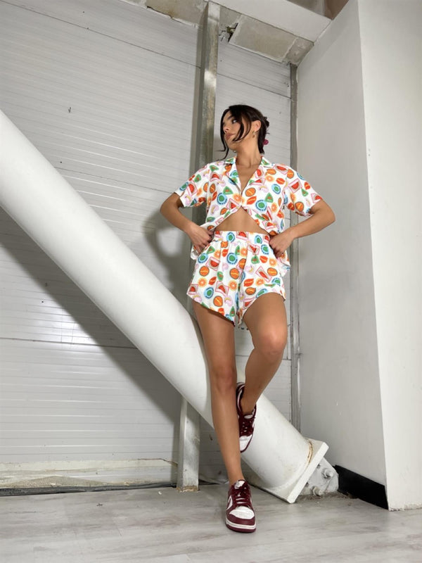 glamorous Multi Fruit Stickers High-waisted Shorts