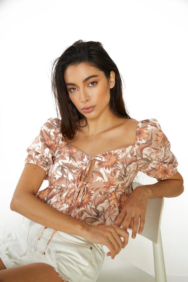 Glamorous Glamorous Multi Sunflower Sweetheart Neckline Peplum Top