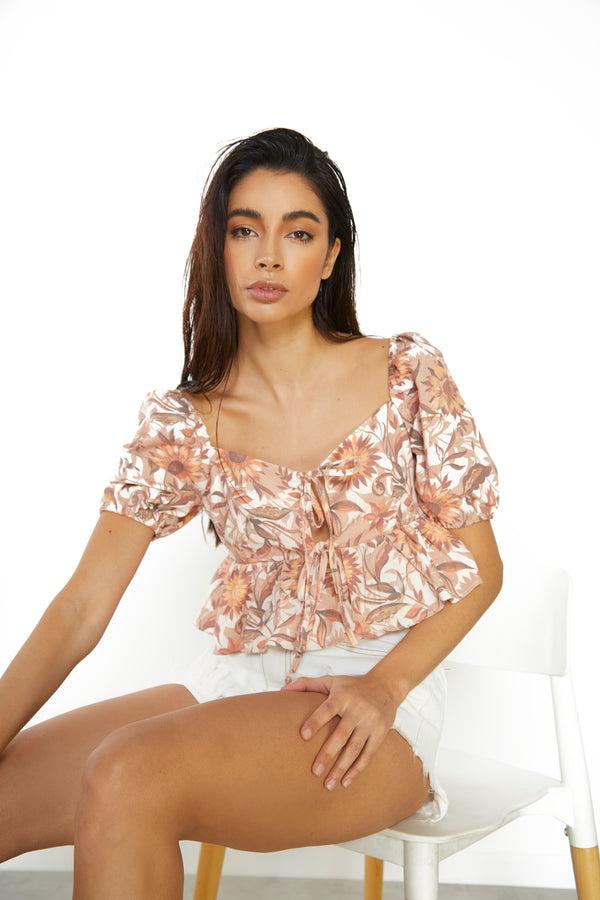 glamorous Glamorous Multi Sunflower Sweetheart Neckline Peplum Top