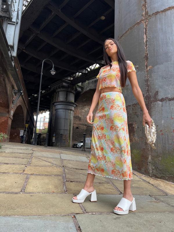 Glamorous Multicolour Floral Lettuce Hem Baby Tee