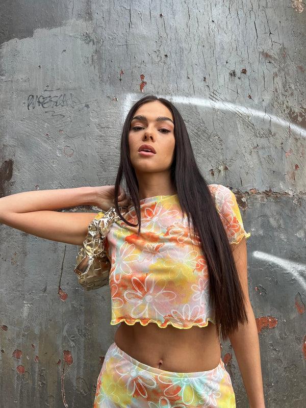 glamorous Multicolour Floral Lettuce Hem Baby Tee