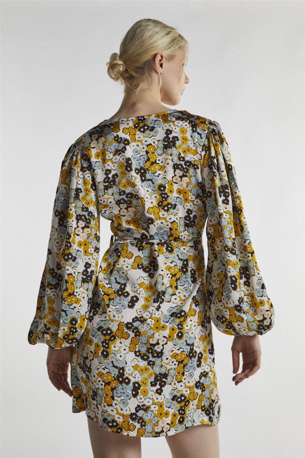 Glamorous Mustard-Floral Wrap Mini-Dress