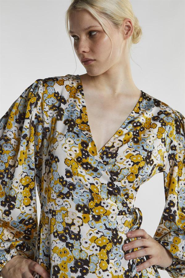 Glamorous Mustard-Floral Wrap Mini-Dress